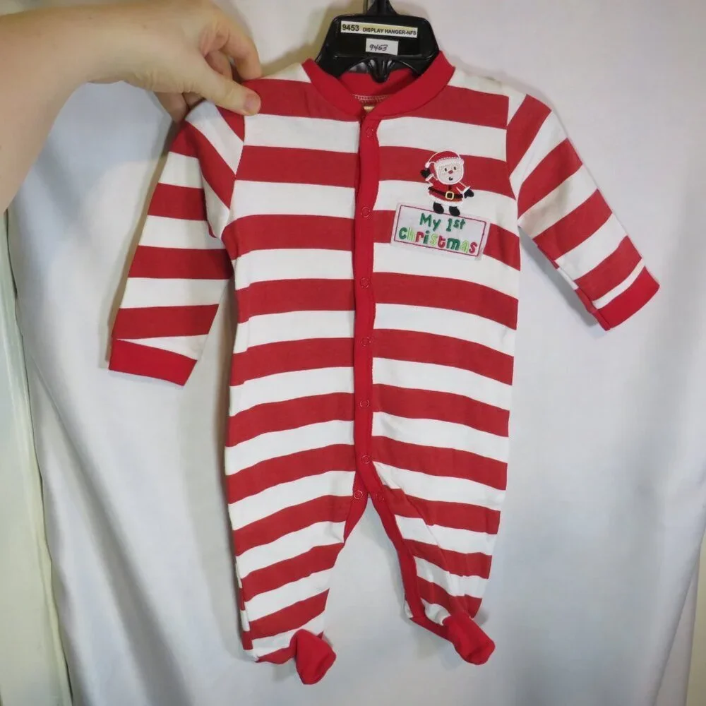 Baby my first Christmas red and white striped footed bodysuit w bib 2pcs